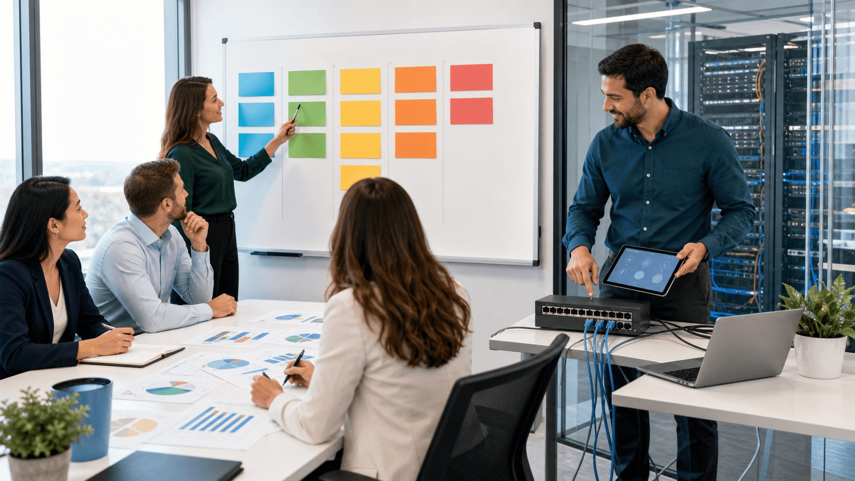 Sales team at laptops faces an IT dashboard on a large screen, split by a glowing broken connection line